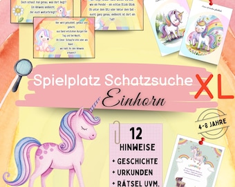 Unicorn Treasure Hunt Playground, XL Treasure Hunt with Puzzles, Coloring Pages, Certificate, Outdoor Game 4-8 Years, Outdoor Adventure, Girls