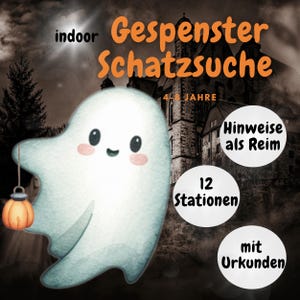 Puede incluir: Un fantasma de dibujos animados azul claro sosteniendo una linterna naranja, con el texto "indoor Gespenster Schatzsuche" en naranja. El texto adicional incluye "4-8 Jahre", "Hinweise als Reim", "12 Stationen" y "mit Urkunden". El fondo es una imagen oscura y borrosa de un edificio.