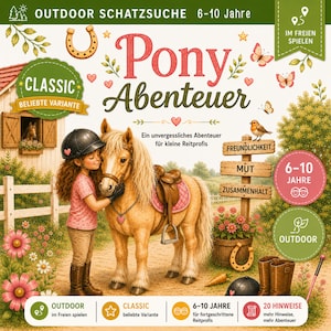 Op de afbeelding: Een speldoos met de titel Pony Abenteuer, voorzien van een illustratie van een kind met een rijhelm dat een lichtbruine pony knuffelt. De afbeelding bevat een houten bord met de woorden Freundlichkeit, Mut en Zusammenhalt, een stal, bloemen en vlinders, met de tekst voor 6-10 jaar.