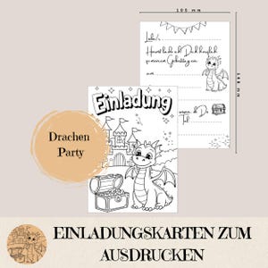 Druckvorlage Einladung Kindergeburtstag | Drache, Ritter, Schloss | DIY Ausmalbild mit Drache | Printable A6, Einladungskarte, Bastelvorlage