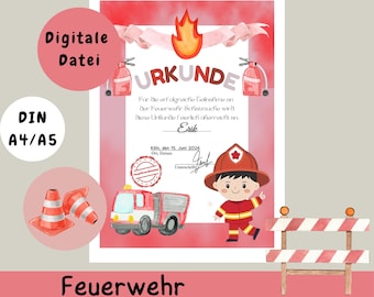 Urkunde Feuerwehr, Kindergeburtstag, Schatzsuche, Feuerwehrmann, Feuerwehrwagen, Mitgebsel, Wettbewerb, Turnier, Sofortausdruck, DIN A4 & A5
