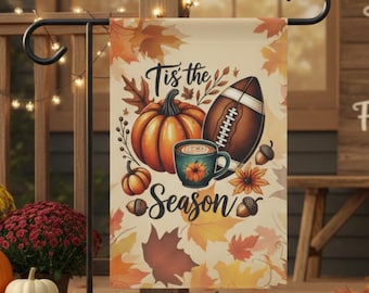 Fall Garden Flag, Tis The Season Autumn Welcome Flag, Pumpkin Coffee Football Yard Decor, Double Sided Outdoor Flag, Seasonal Home Gift