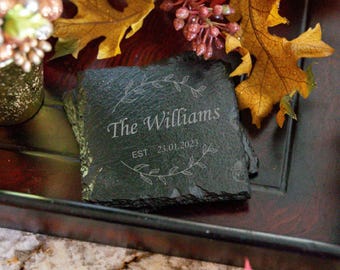 Monogrammed Slate Coasters: Laser Engraved Drink Coasters, Set of 4