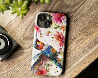 Coque de portable aquarelle colibri et fleurs pour iPhone 15 14 13 12 11 + plus, Galaxy 23 22 21 20 + plus, Pixel 7 6 5 + plus