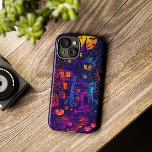 Halloween Phone Case, iPhone Case, Galaxy Case, Neon Halloween Phone Case, Neon pumpkins Phone Case, Haunted House Phone Case, Halloween art