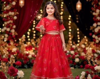 Mädchen Red Organza Lehenga mit Rose & Leaf Print Dupatta