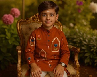 Rustic Brown Classy Kids Kurta with White Pants Heritage Prints