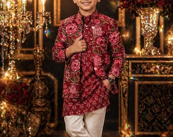 Jacket Kurta Boys Luxe Ethnic Set with White Pants Festive Wear Cotton Suits
