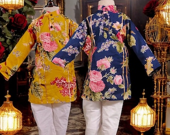 Peony Bloom Kids Kurta with White Pants for Boys Kids Indian Ethnic Wear