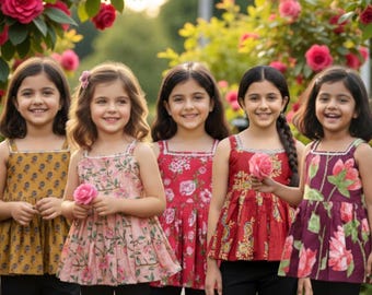 Blusa sin mangas para niños, estilo kurti, con estampado floral de Jaipur, de 6 meses a 9 años