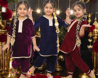 MUGHAL LOVE Cashmere Velvet Kids Punjabi Suit with Afgan Pants  in Blue, Maroon & Dark Purple with golden lace mirrors)