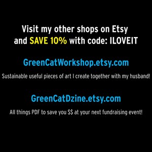 May include: Black background with white and blue text promoting Etsy shops. The text reads "Visit my other shops on Etsy and SAVE 10% with code: ILOVEIT." Includes links to GreenCatWorkshop.etsy.com and GreenCatDzine.etsy.com.