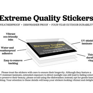 May include: An illustration of a sticker with the text "Brassy Sayings on stickers." The sticker is made of thick, durable vinyl with a UV shield laminate. The image also highlights the sticker's weatherproof and dishwasher-proof qualities.