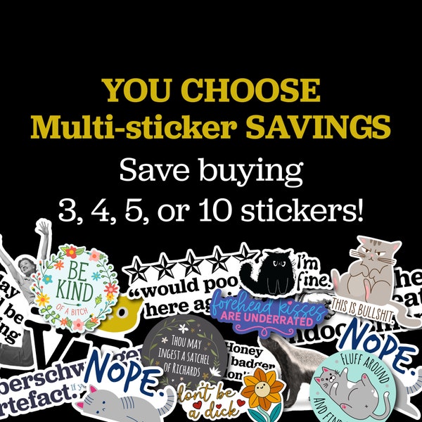 Multi-sticker pack stickers, bundle, SAVE money, vinyl sticker, funny sticker, sassy sticker, cat stickers, gag gift, water bottle sticker