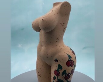 Customizable Concrete Freckle Woman Torso Statue 18cm Tall  | 6.5in Tall Curvy Sculpture with Cherry Tattoos| Body Shaped Art | Gift For Her