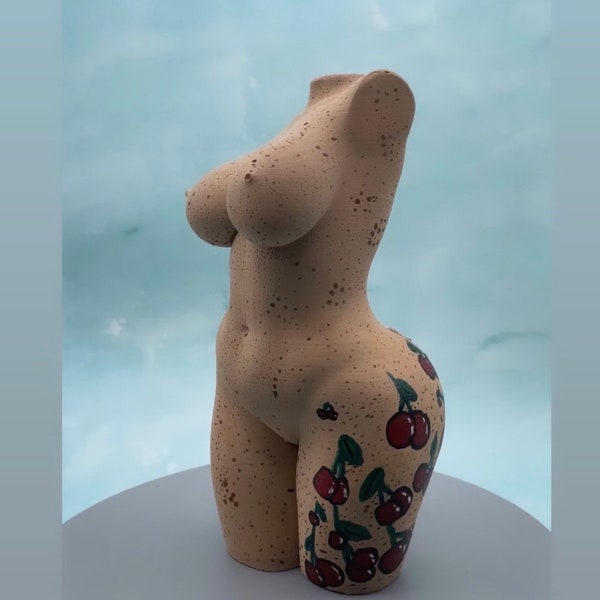 Customizable Concrete Freckle Woman Torso Statue 18cm Tall  | 6.5in Tall Curvy Sculpture with Cherry Tattoos| Body Shaped Art | Gift For Her