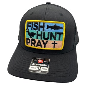 Fish Hunt Pray Black Christian Richardson 112 Trucker Snapback Hat Cap Vintage Style Patch Retro Throwback