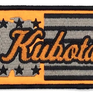 May include: Orange and black embroidered patch with a stylized "Kubota" logo and a gray and black American flag design.