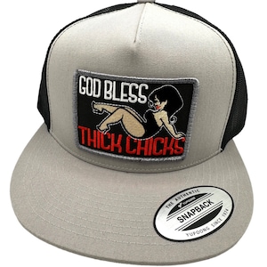 God Bless Thick Chicks Funny Adult Humor Yupoong Flat Bill Trucker Snapback Hat Cap Vintage Style Patch Throwback