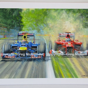 May include: A painting of two Formula One race cars, a blue and yellow Red Bull car and a red Ferrari car, racing on a track. The cars are in a close race, with the Red Bull car in the lead. The painting is done in a realistic style, with a focus on the details of the cars and the track.