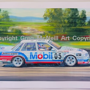 May include: A white, blue, and red race car with the number 05 and Mobil branding on the side, depicted in a motion-blurred painting. The text Copyright Greg McNeill Art Copyright is overlaid across the centre of the artwork.