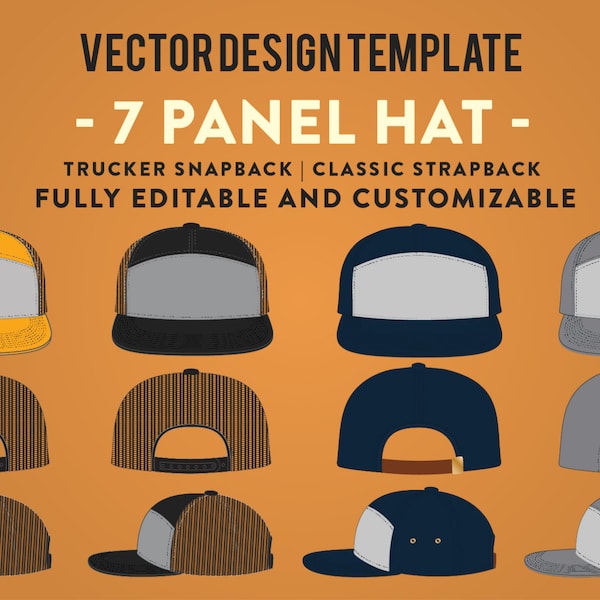 7 Panel Hat - Customizable Vector Design Template for Adobe Illustrator | Real-World Sewing Lines, Closures & Patches