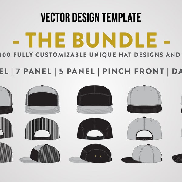 Hat Design Template Bundle Pack for Adobe Illustrator | Customizable Real-World Caps | Over 100 Pre-Made Designs, Sewing Lines & Patches