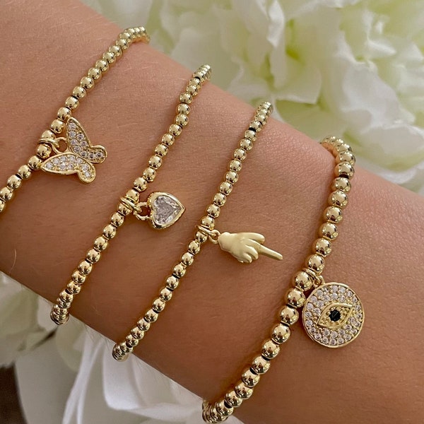 Single 18k Gold Plated Beaded Stretchy Elastic Bracelet With Charm CZ Stone Middle Finger • Heat • Butterfly • Evil Eye • Gifts Mother's Day