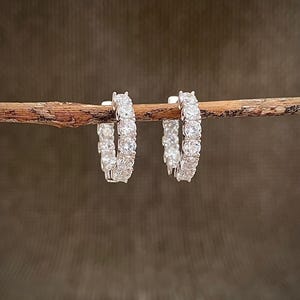 May include: A pair of silver hoop earrings, each encrusted with a row of clear, sparkling gemstones. The earrings are displayed on a thin, brown wooden branch against a blurred, dark background.
