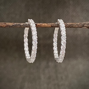 Mittelgroße Silber Diamant Creolen, große Zirkonia Creolen, große Innen Außerhalb Diamant Creolen, Weißgold Diamant Ohrringe, CZ