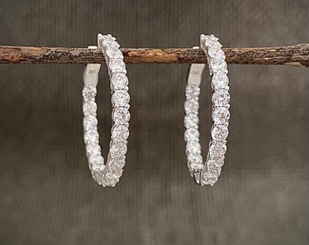 Grandes créoles en argent avec diamants, grandes créoles en zircone cubique, grandes créoles en diamant à l&#39;intérieur et à l&#39;extérieur, Boucles d&#39;oreilles en or blanc et diamants, CZ