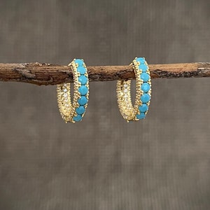 Simple Dainty Cubic Zirconia and Turquoise Huggie Hoop Earrings 925 Sterling Silver 18k Gold Plated Minimalist • Fine Jewelry • Mother&#39;s Day