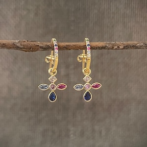 Dainty Rainbow Sapphire Diamond Cubic Zirconia Cross Hoop Stud Earrings 925 Sterling Silver 18K Gold Plated Fine Jewelry - Mother&#39;s Day Gift
