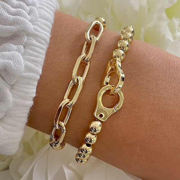 Gold Bead Bracelet, Chain Link Bracelet, Handcuff Bracelet, Stackable Bracelets, Mother's Day Jewelry, Bracelet Stack Sale, Handcuff Jewelry