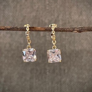 Large Square Princess Cut Earrings, Valentines Day Gifts, Diamond Earrings, Square Diamond Drop Earrings, Gifts For Mom, Evening Earrings