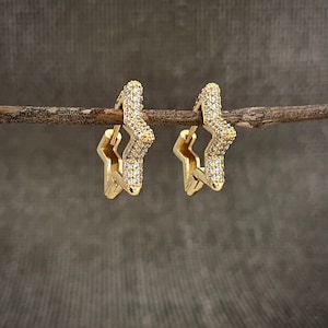 Gold Star Huggie Hoops With Simulated Diamonds, Holiday Gifts For Her, Chunky Star Earrings, CZ Star Earrings, Big Diamond Star Earrings,