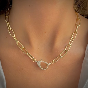 Large Gold PaperClip Necklace, Charm Necklace,  Layering Chain Necklace, Chunky Link Chain Necklace, Big Thick Gold Link Necklace, CZ Clasp