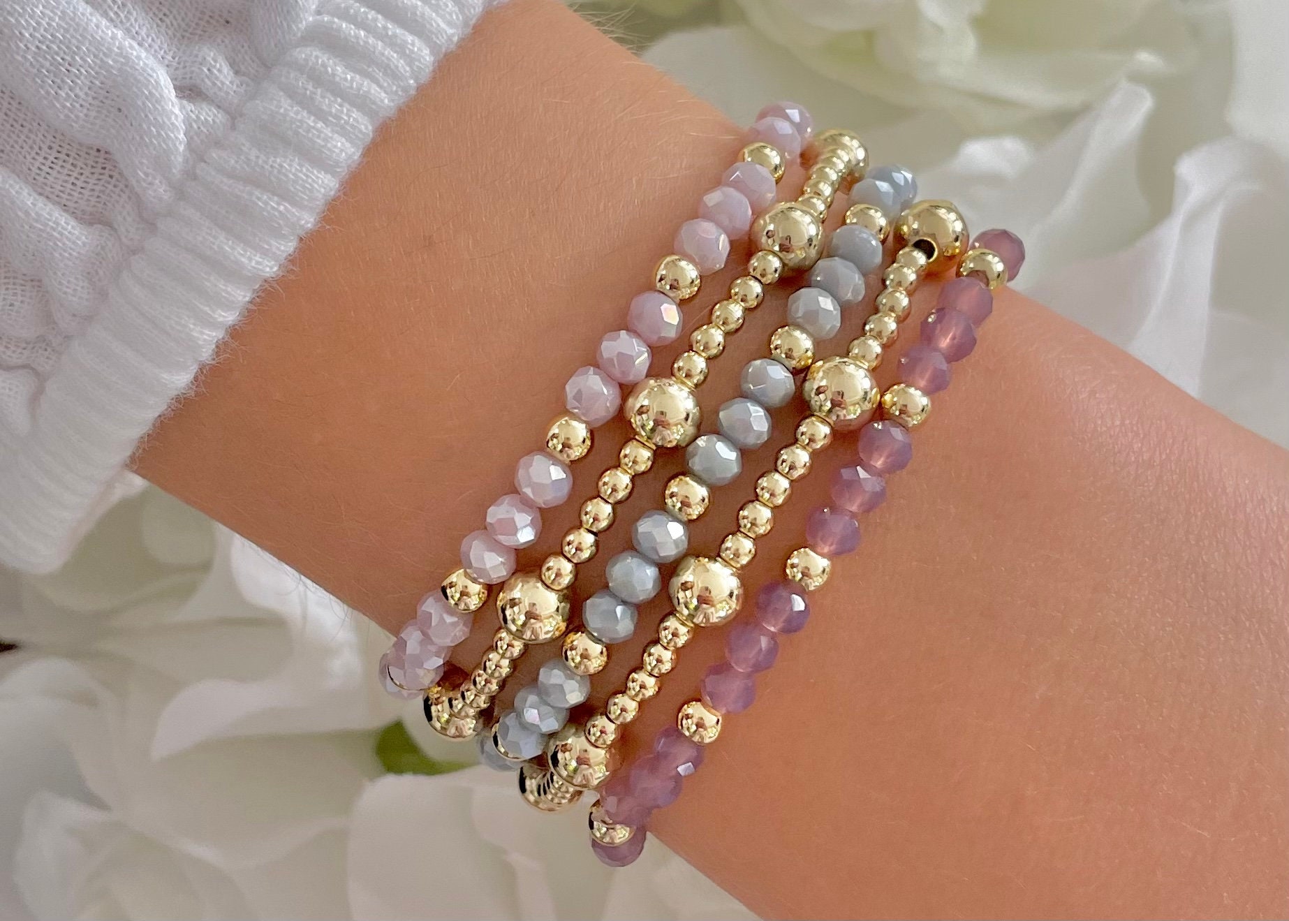 Beaded Bracelet Set / Set of Four / Natural Glass Beads / Iridescent  Stretch / Boho Bohemaian Style / Stackable Arm Candy / Gifts for Her 