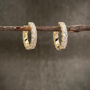 Gold Diamond Hoop Earrings, Gold CZ Hoop Earrings, Simulated Diamond Hoops, CZ Huggies, Small Diamond Hoop Earrings, Small Diamond Huggies
