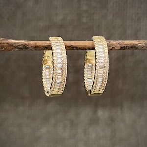 Small Baquette Inside Outside Hoop Earrings, CZ Hoop Earrings, Gold Diamond Hoops, Small Gold Diamond Hoop Earrings, Small Diamond Huggies
