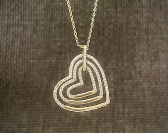 Gold Diamond Heart Necklace, Triple Heart Necklace, Valentines Day Heart Necklace, Interlocking Heart Necklace, Diamond Heart Eternity