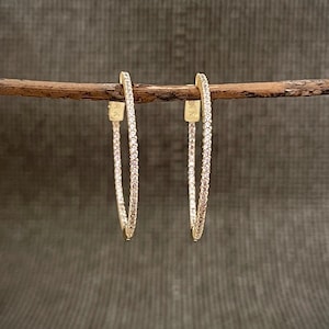 Puede incluir: Un par de pendientes de aro dorados, incrustados con pequeñas y brillantes gemas blancas y rosas. Los pendientes se muestran en un fino palo de madera marrón sobre un fondo verde apagado.