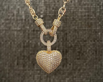 Collier coeur bouffant, collier coeur en diamants, collier de diamants pavé, grand collier coeur, bijoux coeur, pendentif coeur, gros collier coeur
