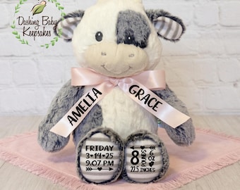 Personalized Cow Birth Stats Plush, Custom Birth Announcement, Newborn Gift, Personalized Stuffed Animal, Baby Gift, Farm Animal Gift