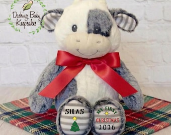 Personalized First Christmas Cow Plush, 1st Christmas Gift, Baby's First Christmas, My First Christmas Stuffed Animal, Custom Christmas Cow