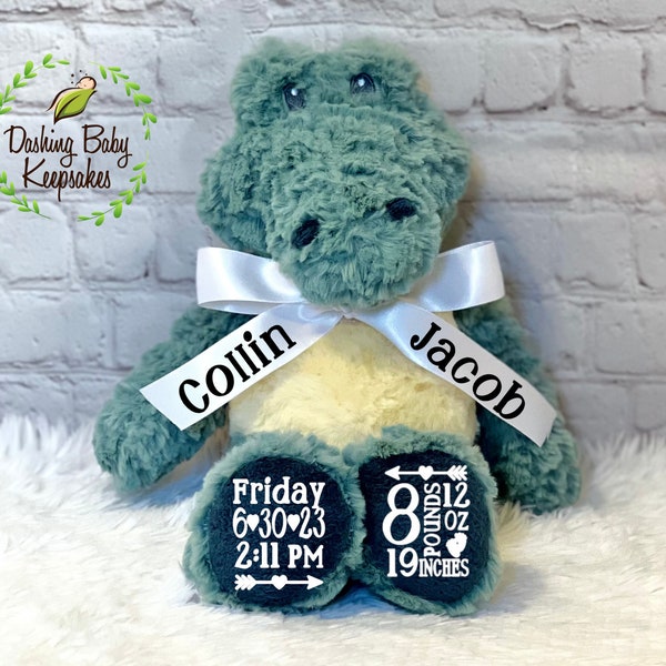 Personalized Alligator Birth Stats Plush, Custom Birth Announcement, Newborn Gift, Personalized Stuffed Animal, Alligator Nursery, Baby Gift