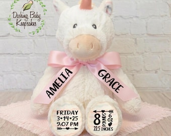 Personalized Unicorn Birth Stats Plush, Custom Birth Announcement, Newborn Gift, Personalized Stuffed Animal, Baby Gift, Unicorn Girl Gift
