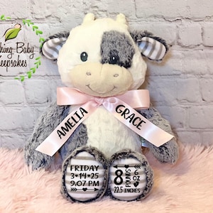 Personalized Cow Birth Stats Plush, Custom Birth Announcement, Newborn Gift, Personalized Stuffed Animal, Baby Gift, Farm Animal Gift
