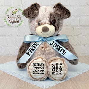 Personalized Puppy Birth Stats Plush, Custom Birth Announcement, Newborn Gift, Personalized Stuffed Animal, Baby Gift, Animal Nursery  Gift
