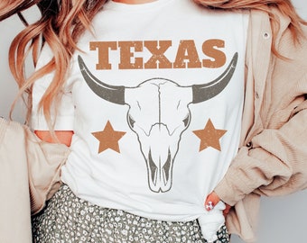 Texas T Shirts - Western Shirt - Texas - Texas Geschenk - Country Shirt - Cowgirl Shirt - Vintage Tee - Boho Kuh Schädel Shirt - Country Girl Tee